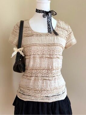 Vintage y2k romantic coquette lolita cream sheer floral lace ruffle top kawaii S